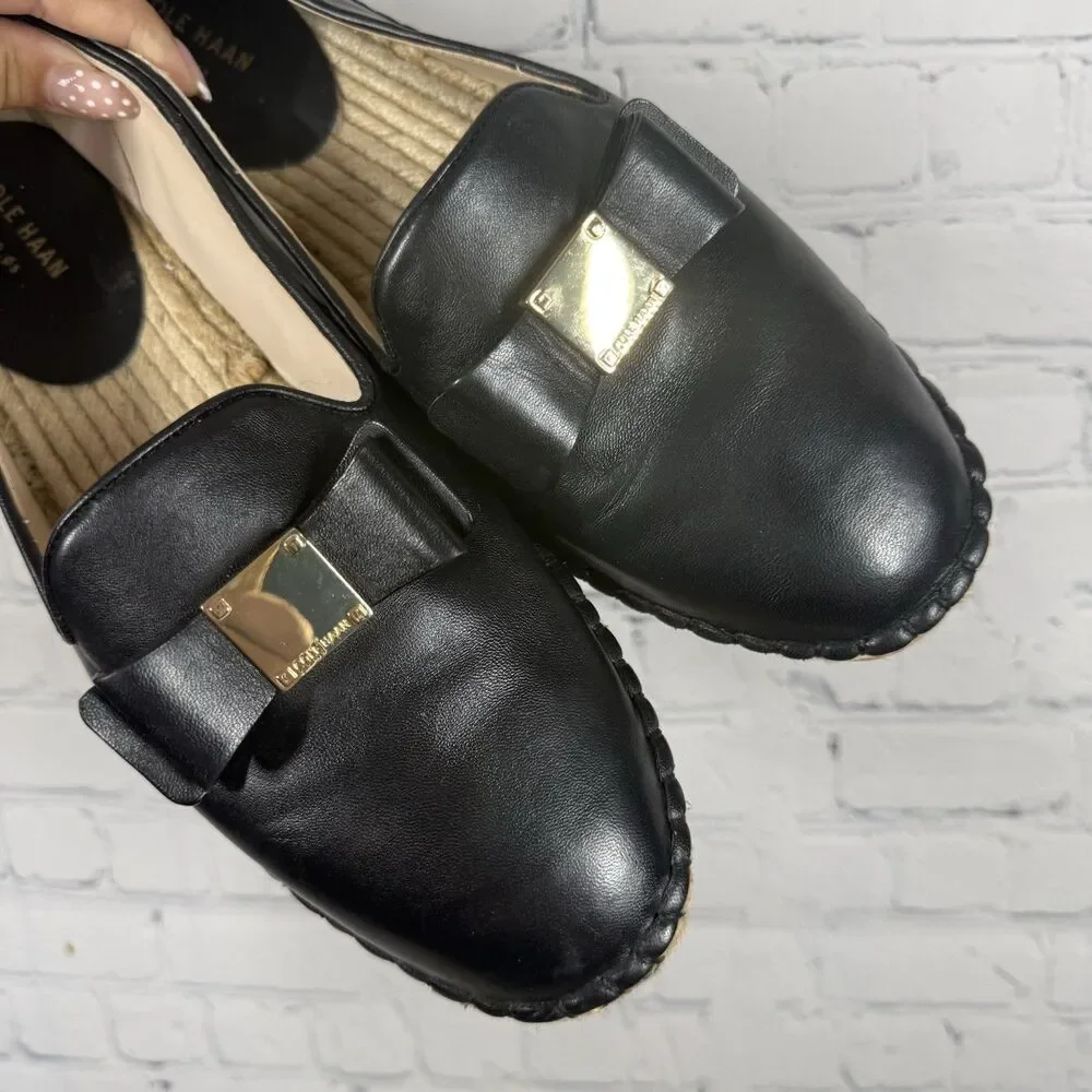 Cole Haan Women’s Black Leather Bow Driving Loafers Espadrille Slip On Size 11